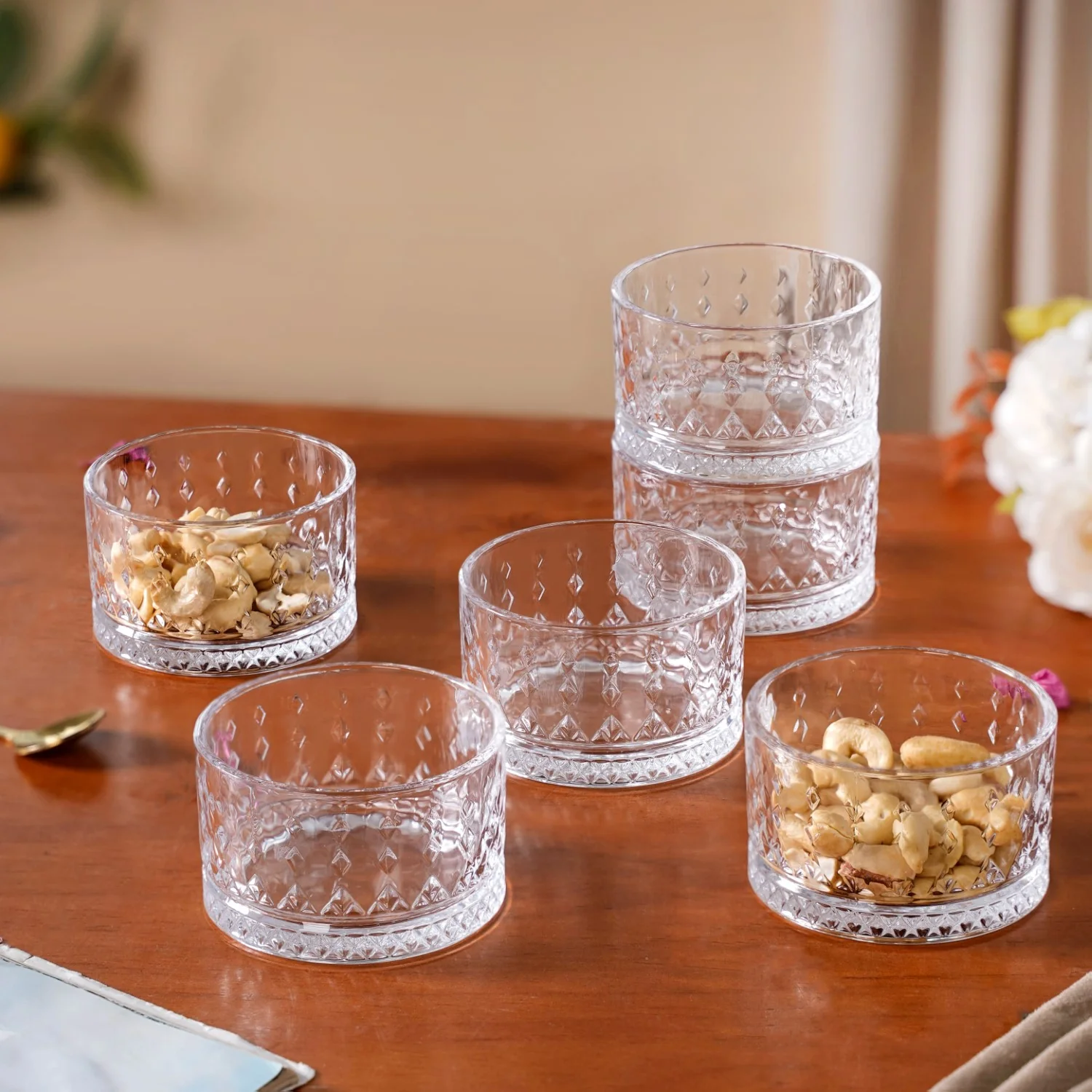 Set Of 6 Diamond Embossed Glass Snack Bowls 220ml - Image 3