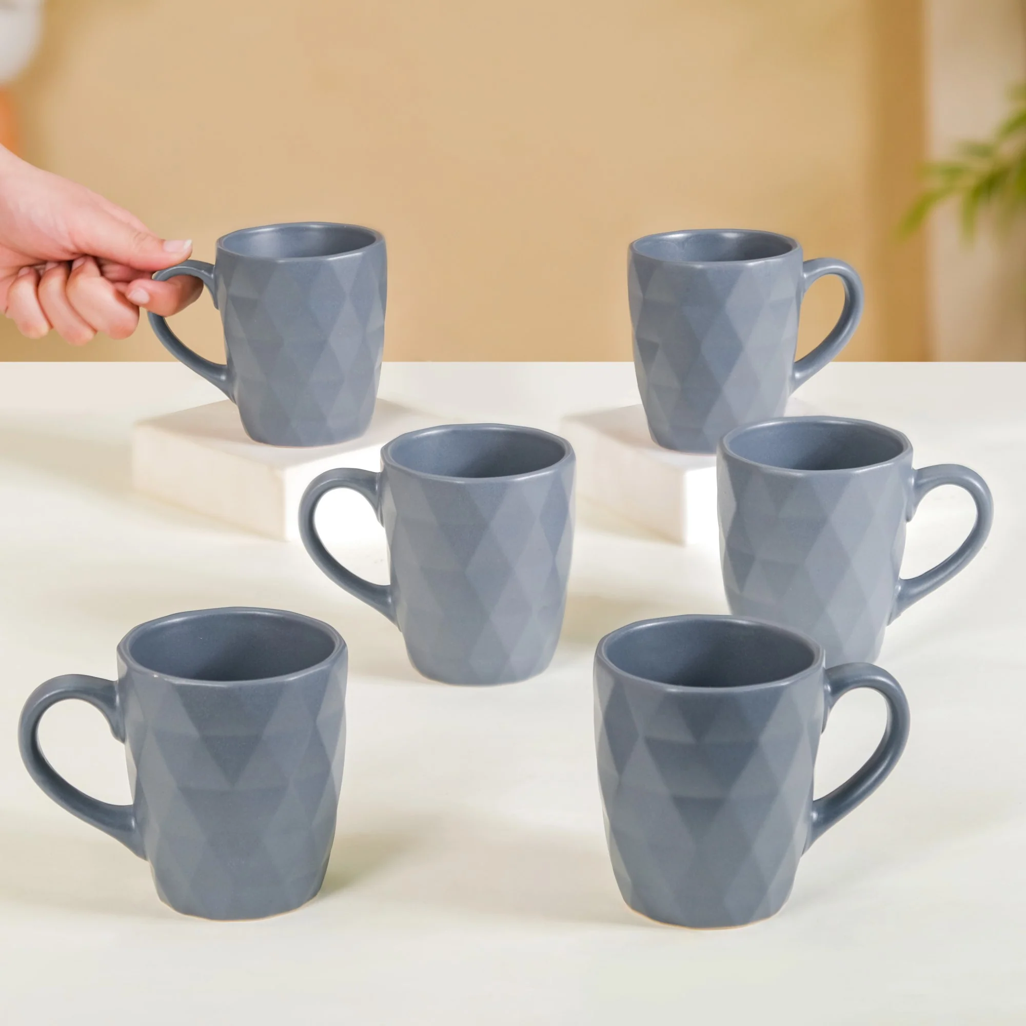 Set Of 6 Textured Coffee Mugs Grey 220ml - Image 3