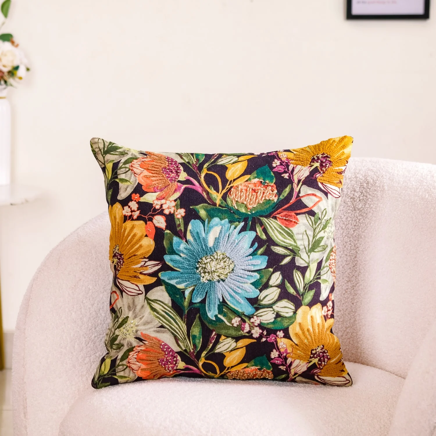 Spring Bling Printed Embellished Cushion Cover 16x16 Inch - Image 3