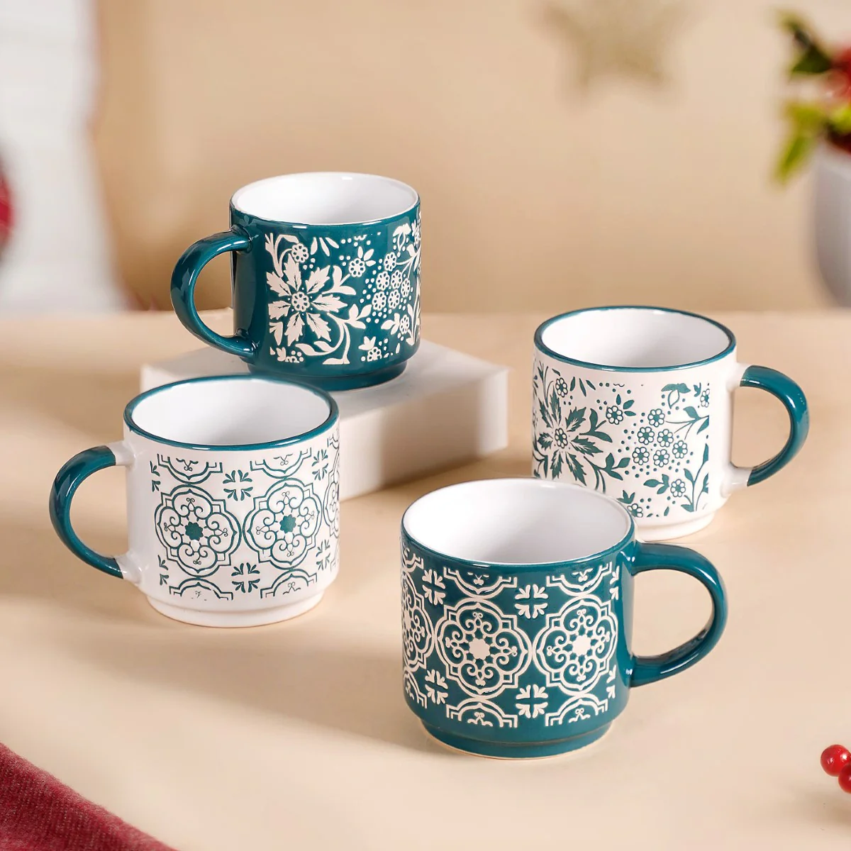 Stackable Coffee Cups With Stand Green Set of 4 240ml - Image 14