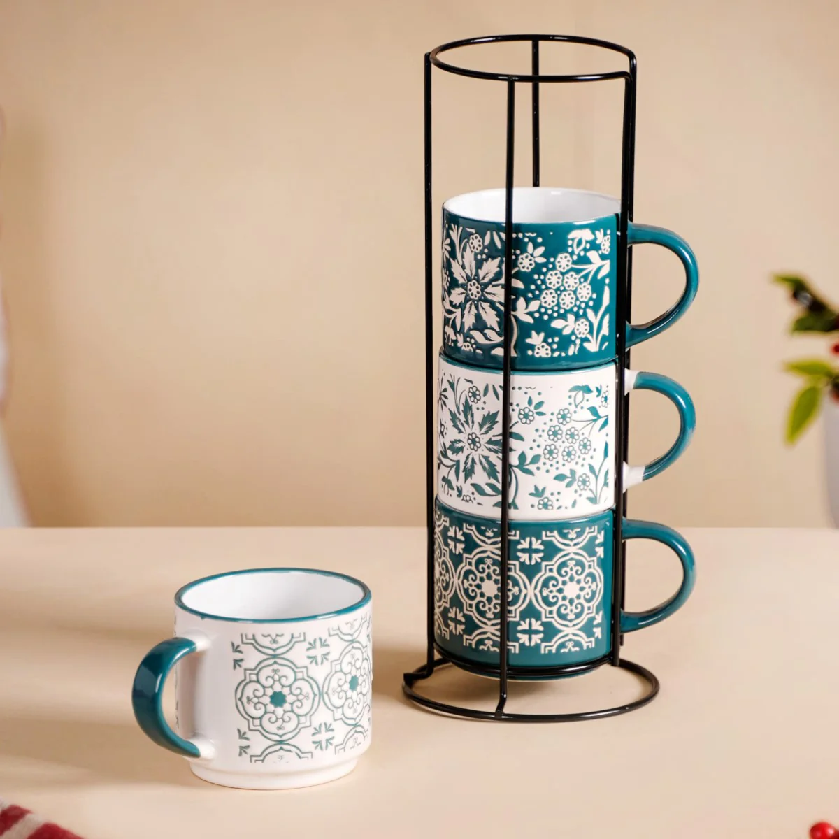 Stackable Coffee Cups With Stand Green Set of 4 240ml - Image 3