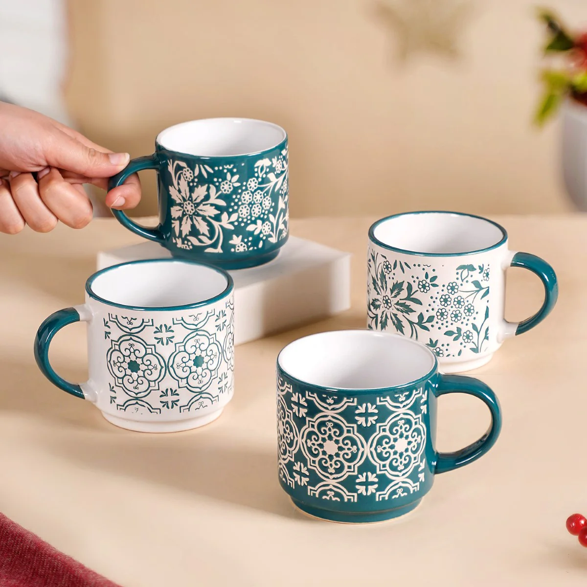 Stackable Coffee Cups With Stand Green Set of 4 240ml - Image 4