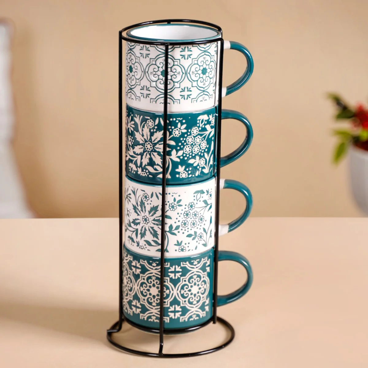 Stackable Coffee Cups With Stand Green Set of 4 240ml - Image 5