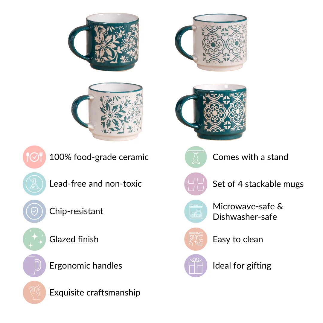 Stackable Coffee Cups With Stand Green Set of 4 240ml - Image 6