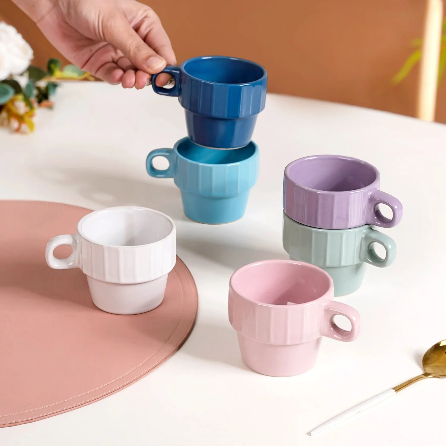 Stackable Mini Tea Cup Set Of 6 Kaori Ocean Tones 90ml - Image 3