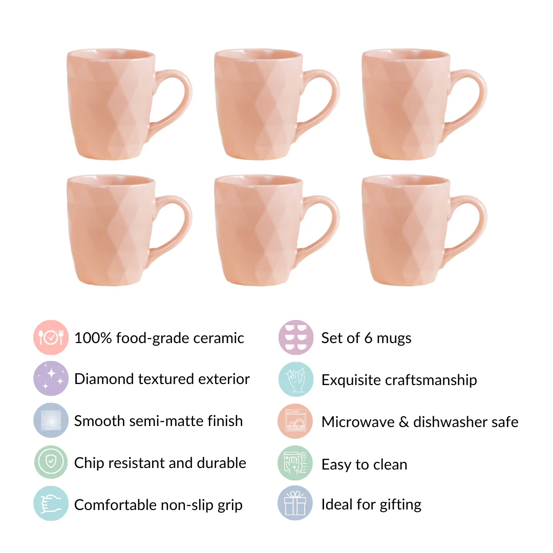 Subtle Pink Cup Set Of 6 Ideal For Tea Coffee 220ml - Image 3