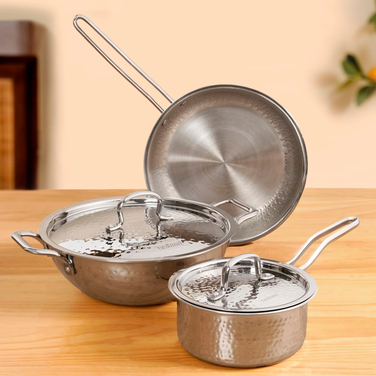 Triply Hammered Cookware Set With Frying Pan Kadai And Saucepan With Lid - Image 3