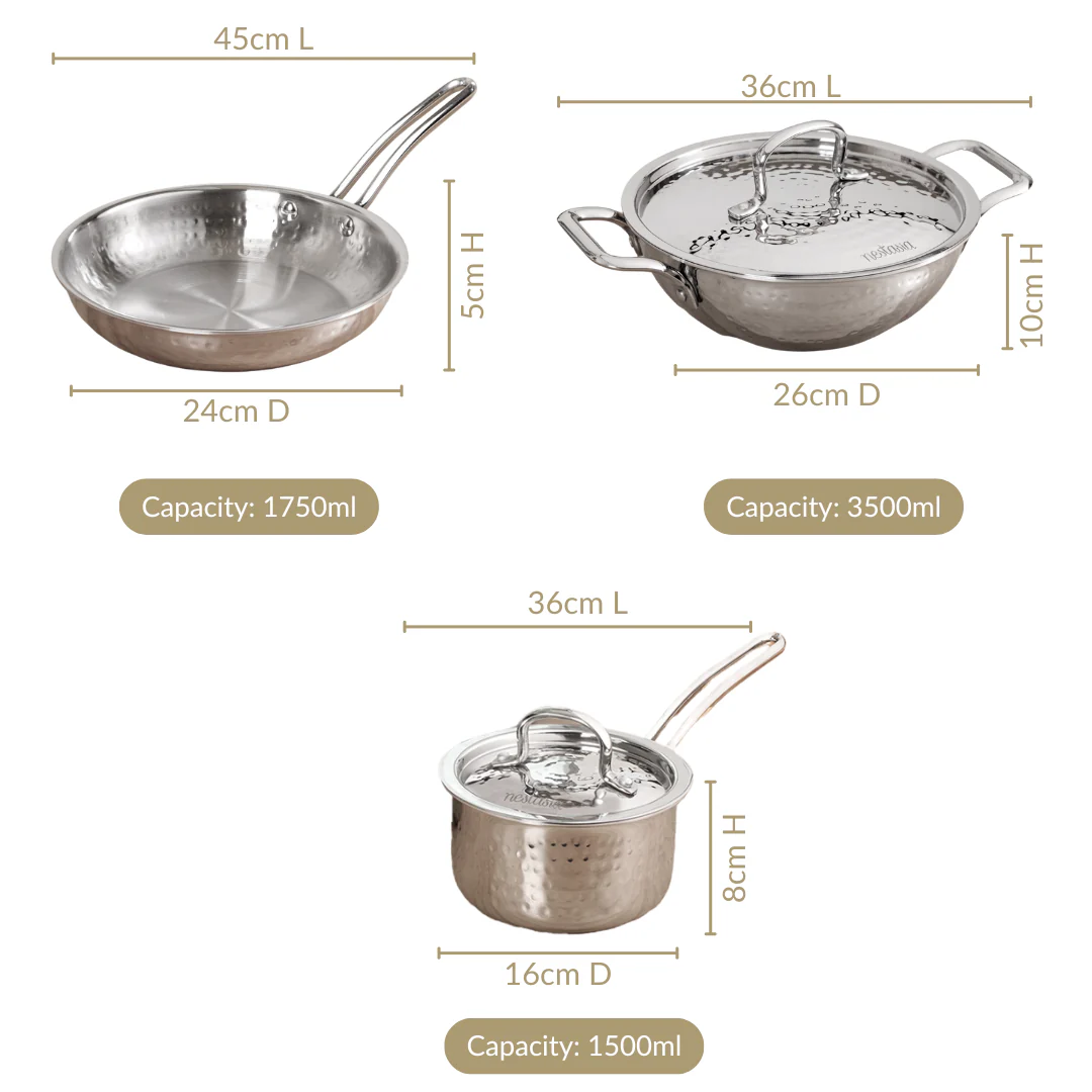 Triply Hammered Cookware Set With Frying Pan Kadai And Saucepan With Lid - Image 4