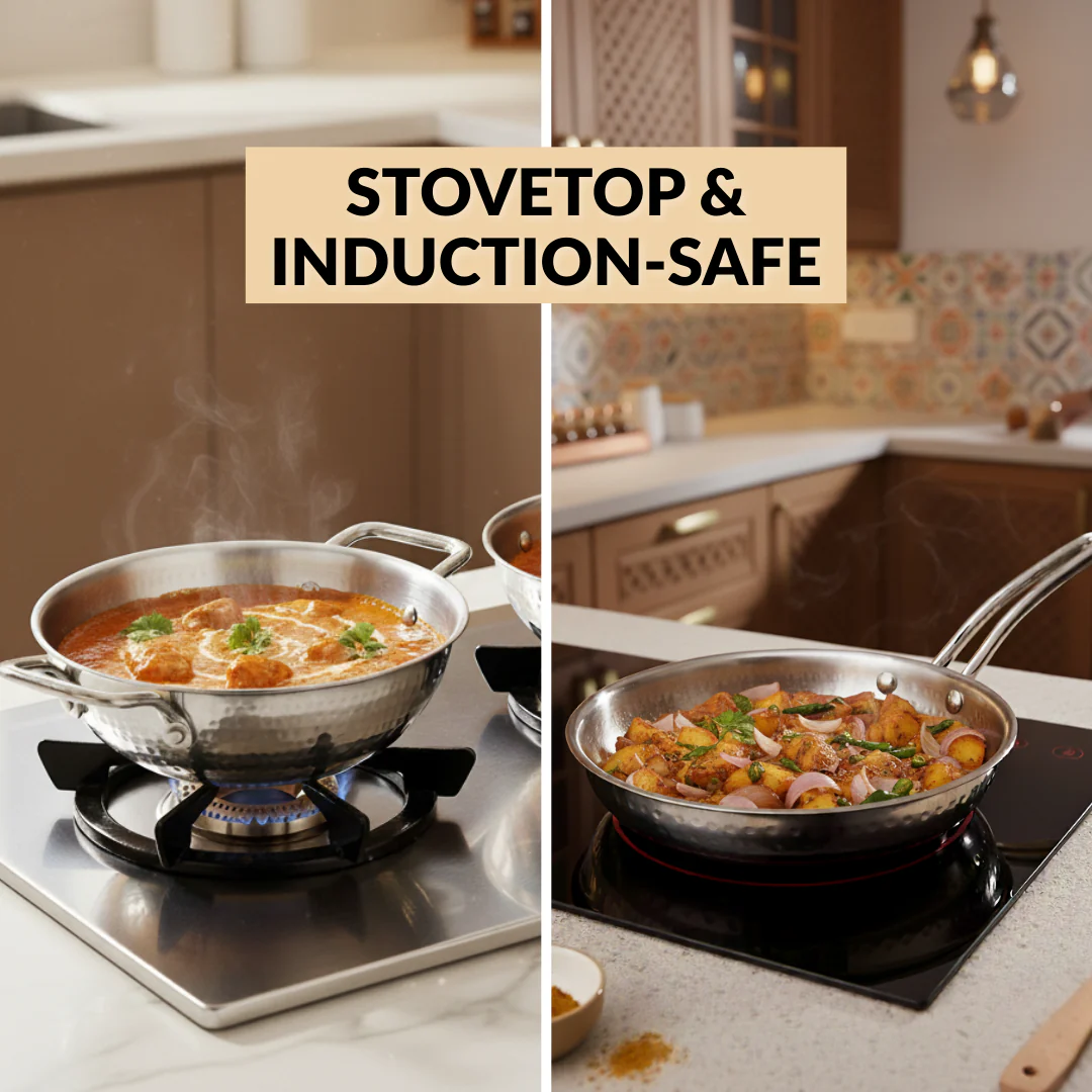 Triply Hammered Cookware Set With Frying Pan Kadai And Saucepan With Lid - Image 5