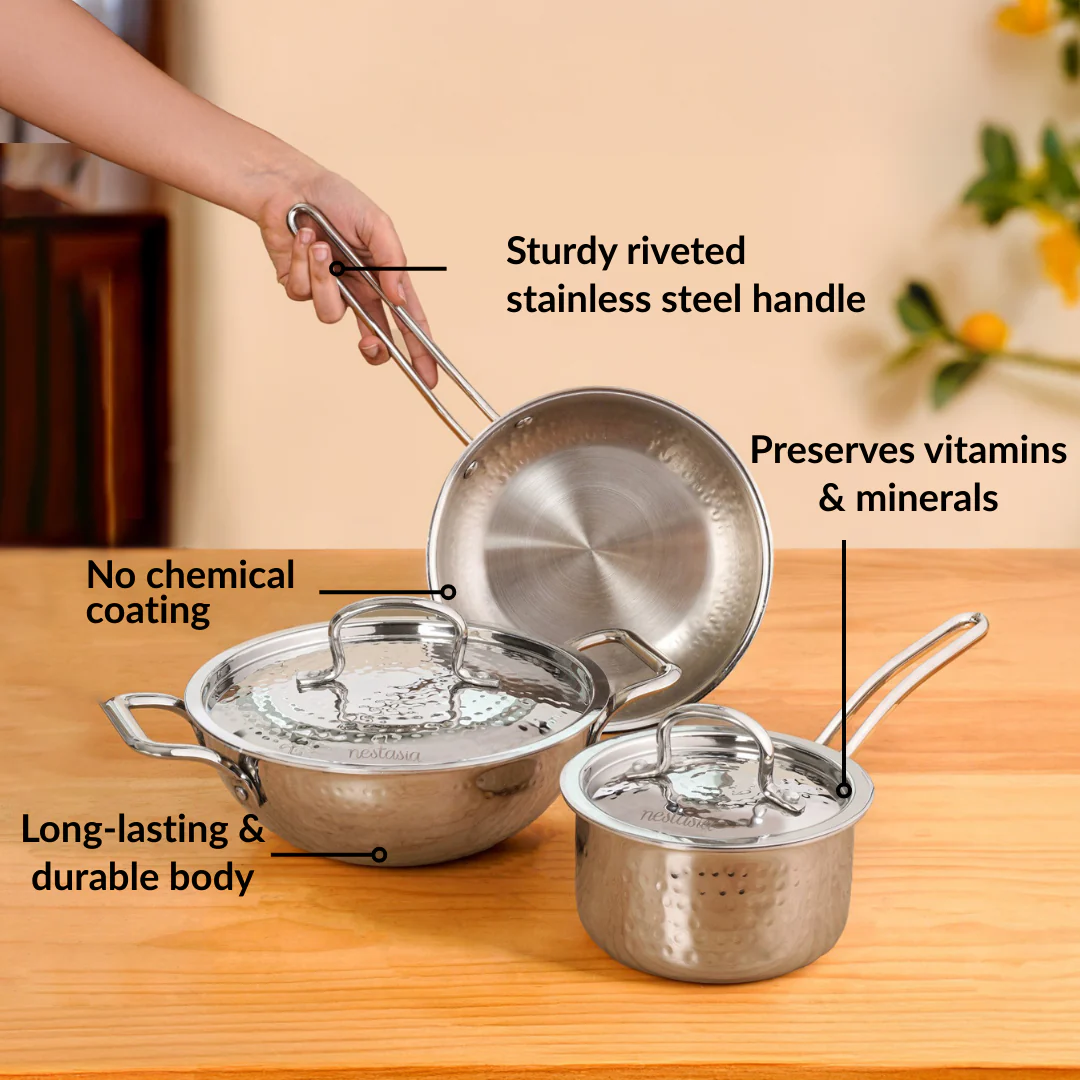 Triply Hammered Cookware Set With Frying Pan Kadai And Saucepan With Lid - Image 7