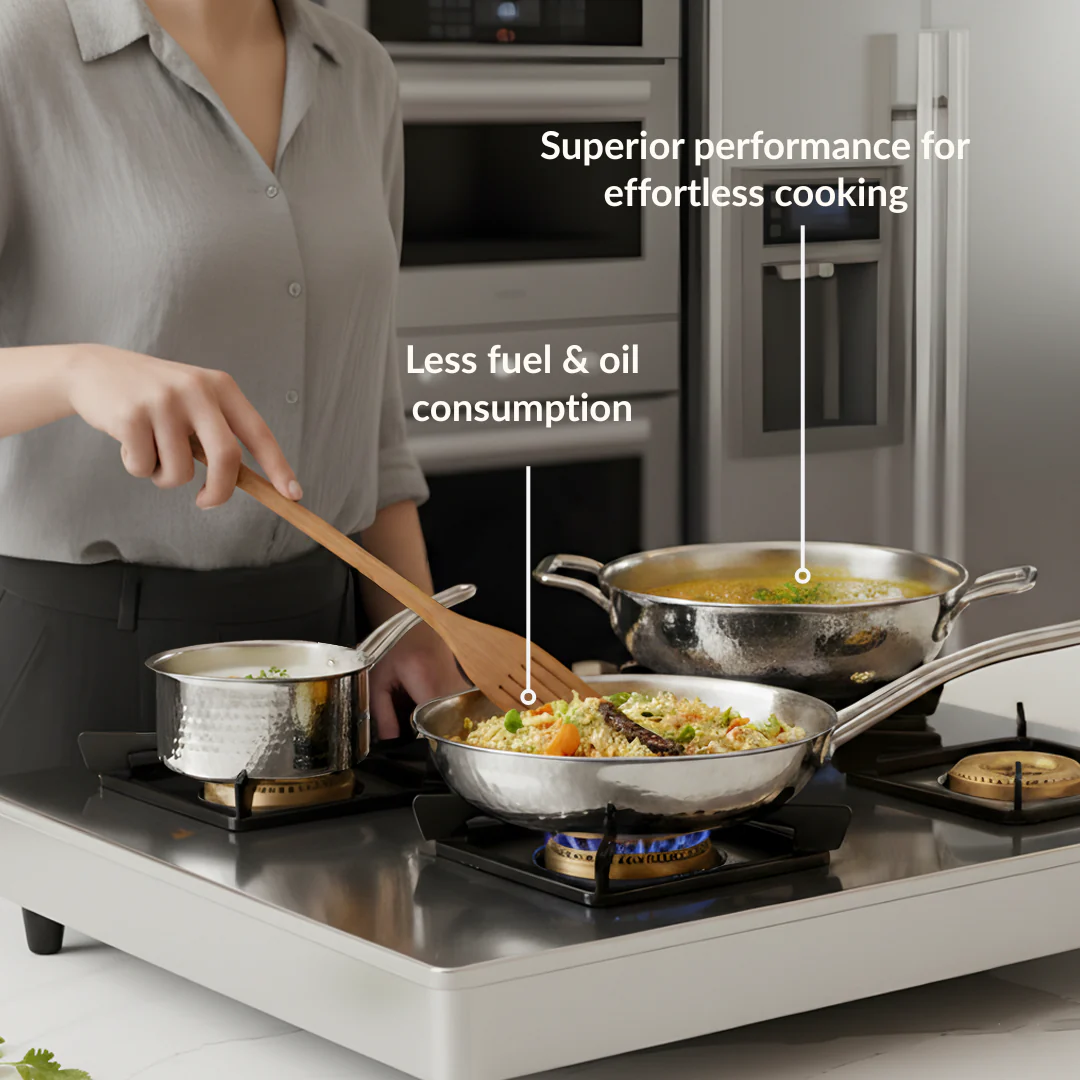 Triply Hammered Cookware Set With Frying Pan Kadai And Saucepan With Lid - Image 8