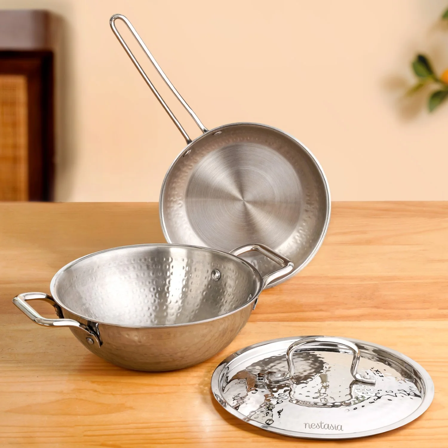 Triply Hammered Stainless Steel Cookware Set With Frying Pan And Kadai With Lid - Image 3
