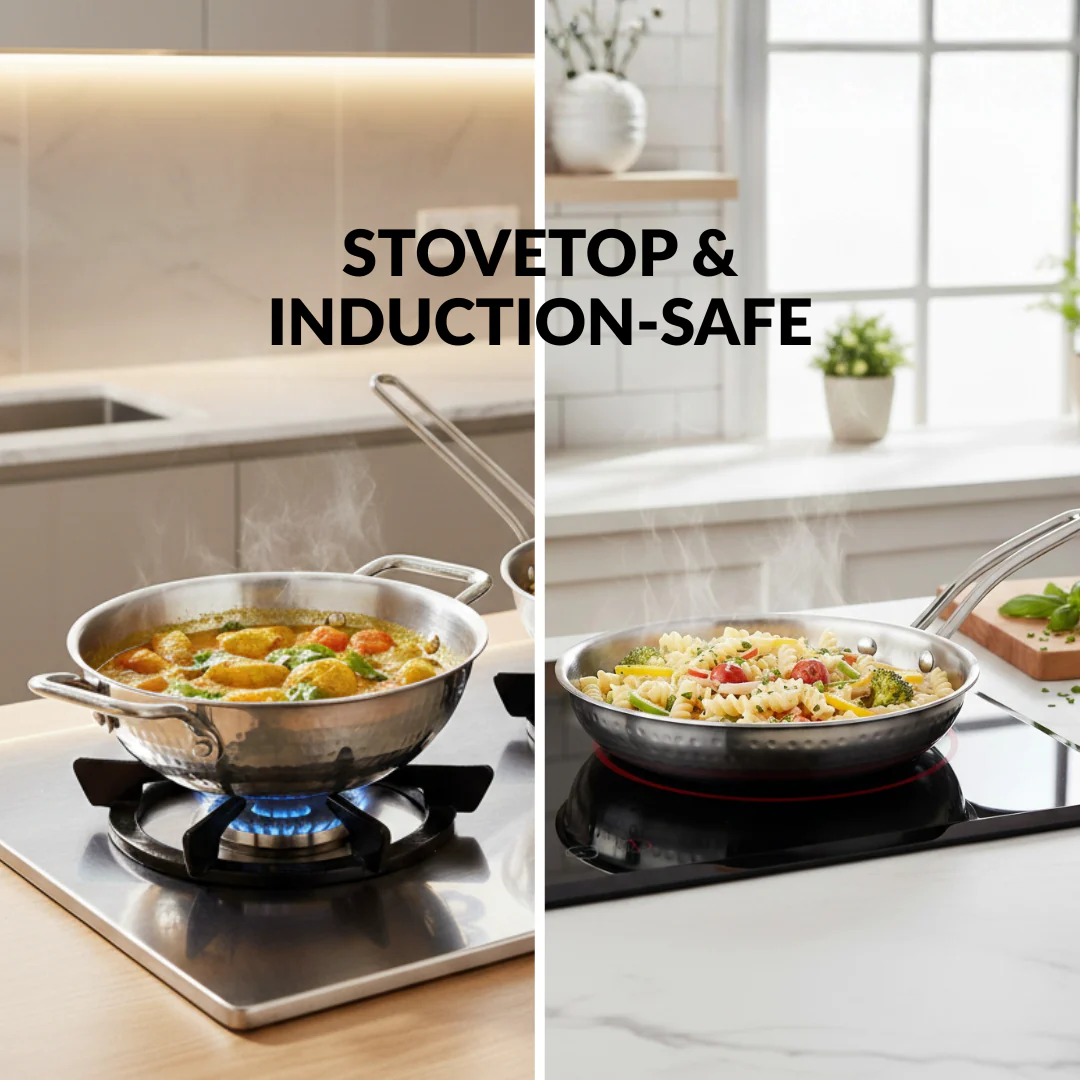 Triply Hammered Stainless Steel Cookware Set With Frying Pan And Kadai With Lid - Image 5