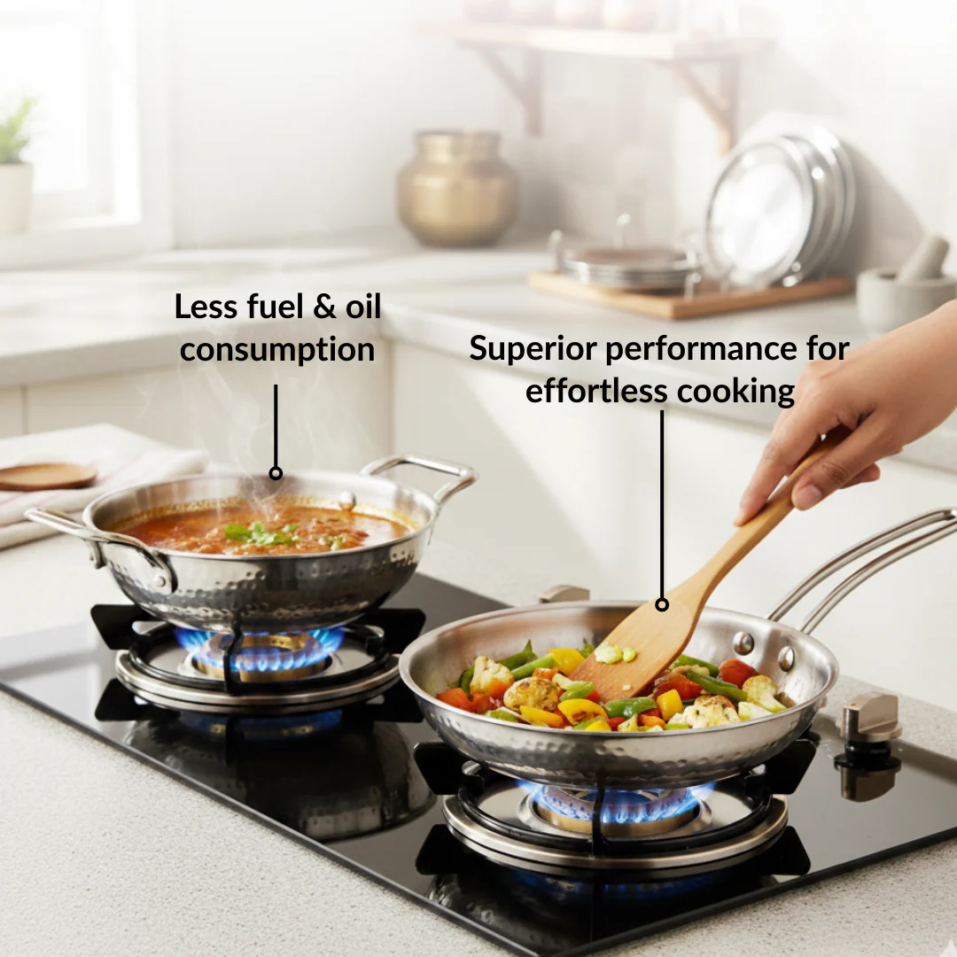 Triply Hammered Stainless Steel Cookware Set With Frying Pan And Kadai With Lid - Image 8