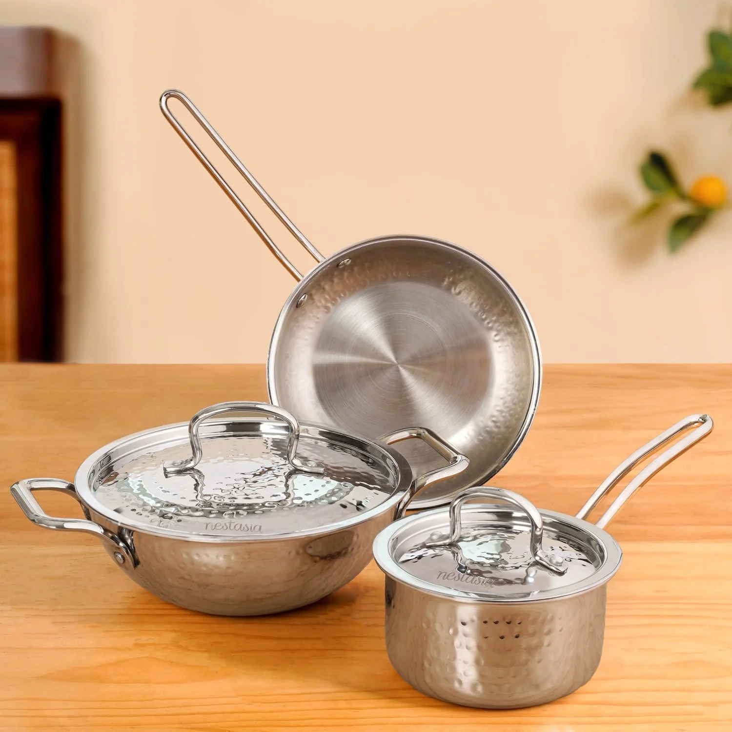 Triply Hammered Stainless Steel Set With Frying Pan Kadai And Saucepan With Lid - Image 3