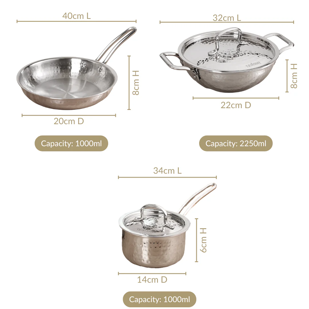 Triply Hammered Stainless Steel Set With Frying Pan Kadai And Saucepan With Lid - Image 4