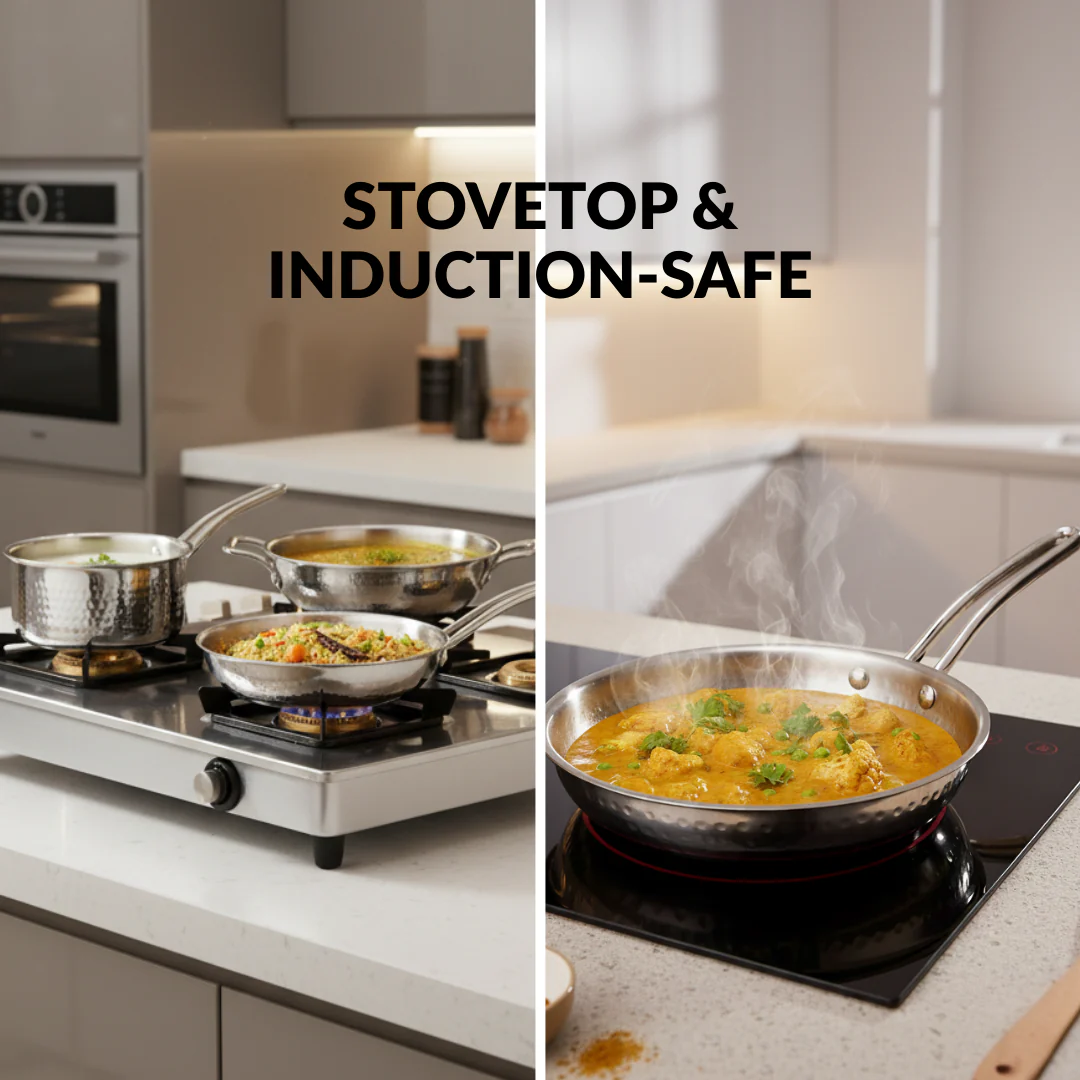 Triply Hammered Stainless Steel Set With Frying Pan Kadai And Saucepan With Lid - Image 5