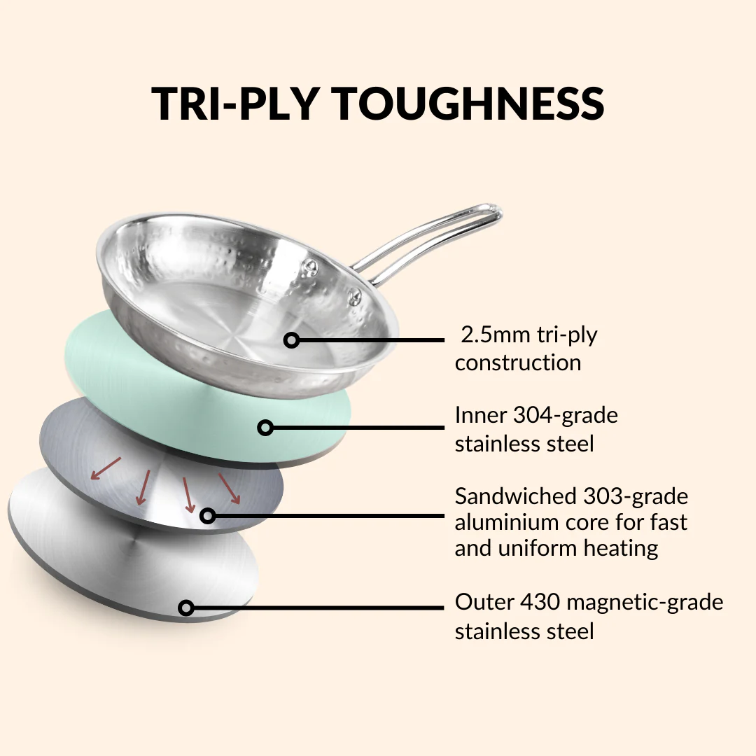 Triply Hammered Stainless Steel Set With Frying Pan Kadai And Saucepan With Lid - Image 6