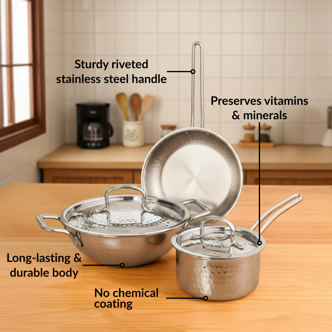 Triply Hammered Stainless Steel Set With Frying Pan Kadai And Saucepan With Lid - Image 7