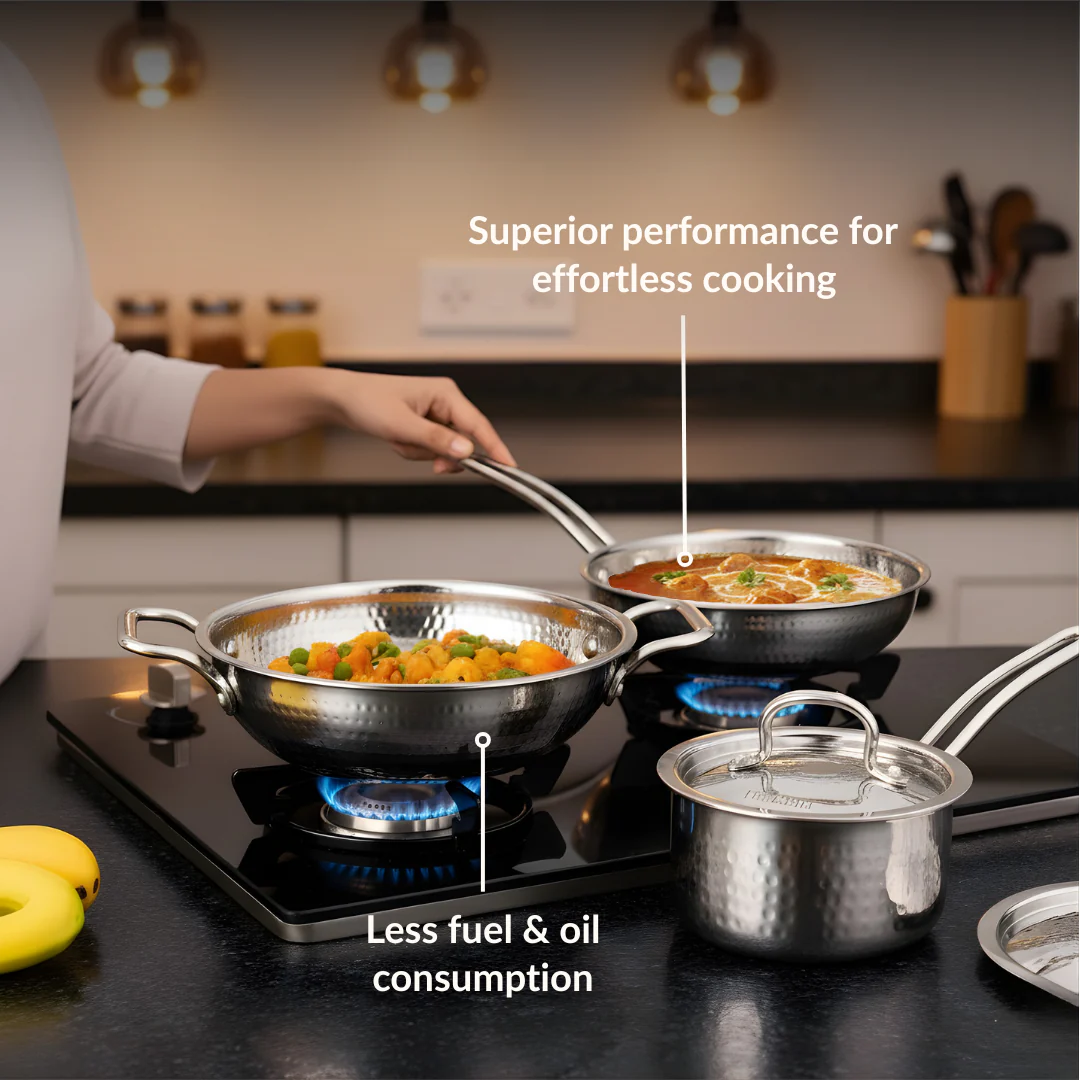 Triply Hammered Stainless Steel Set With Frying Pan Kadai And Saucepan With Lid - Image 8