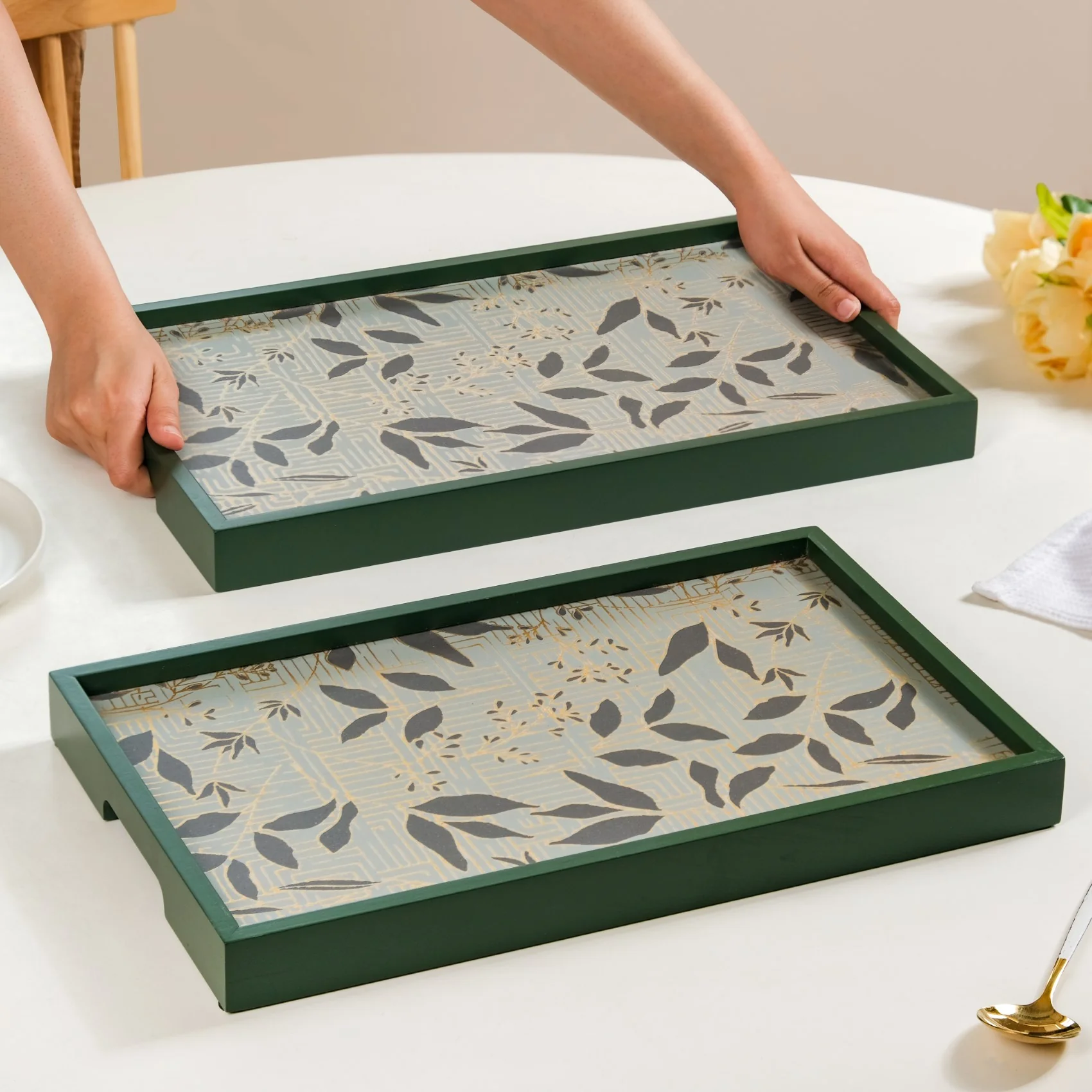 Verdantia Wooden Tea Tray Set Of 2 Green Matte Gold - Image 3