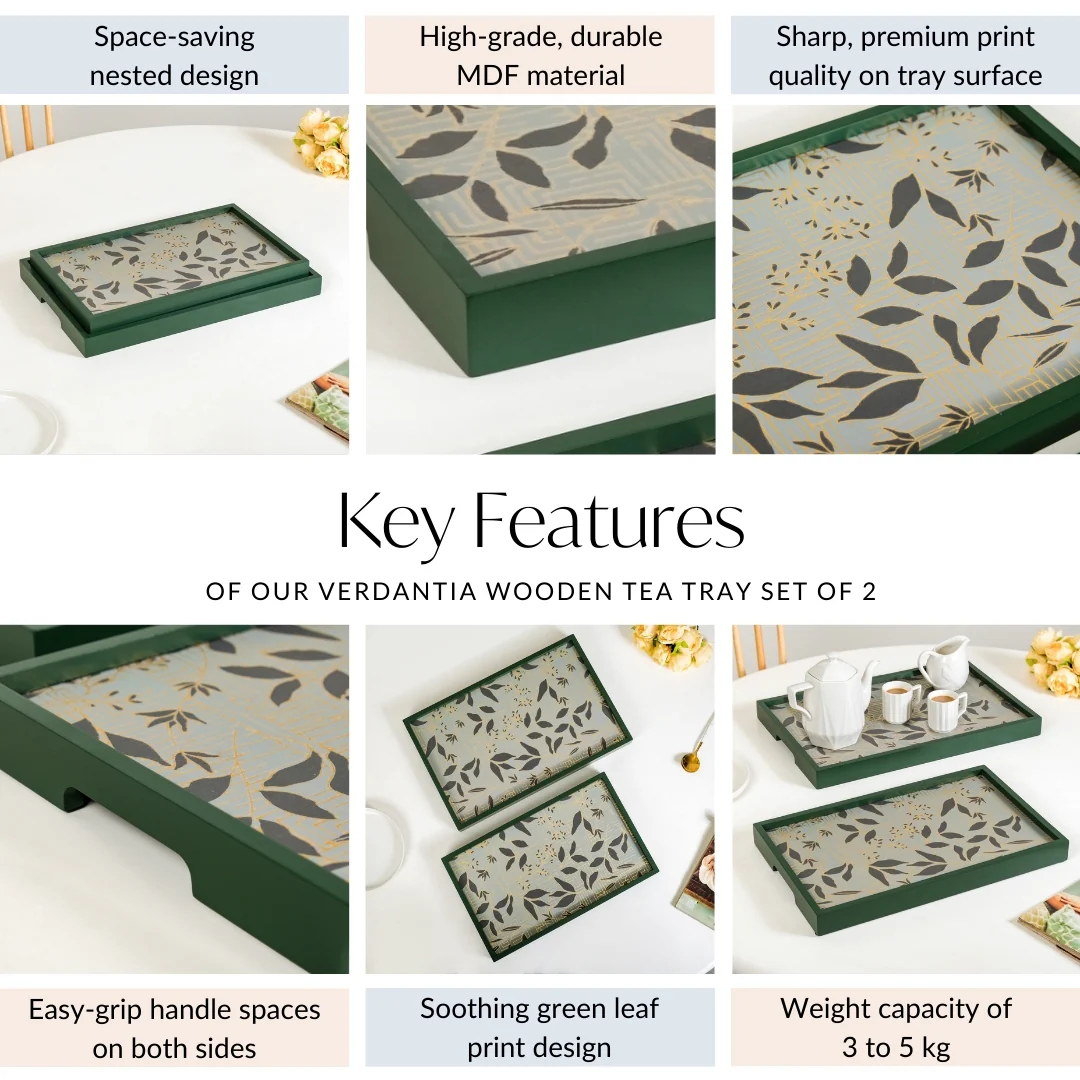 Verdantia Wooden Tea Tray Set Of 2 Green Matte Gold - Image 5