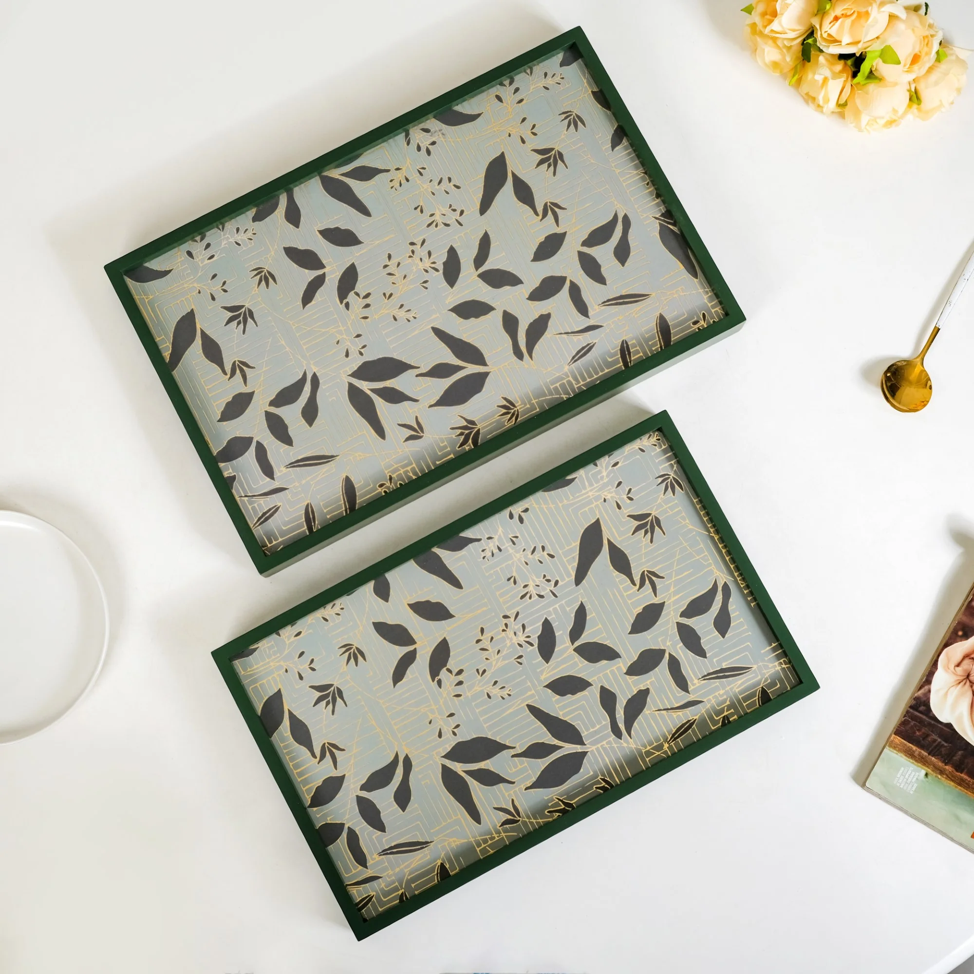 Verdantia Wooden Tea Tray Set Of 2 Green Matte Gold - Image 6