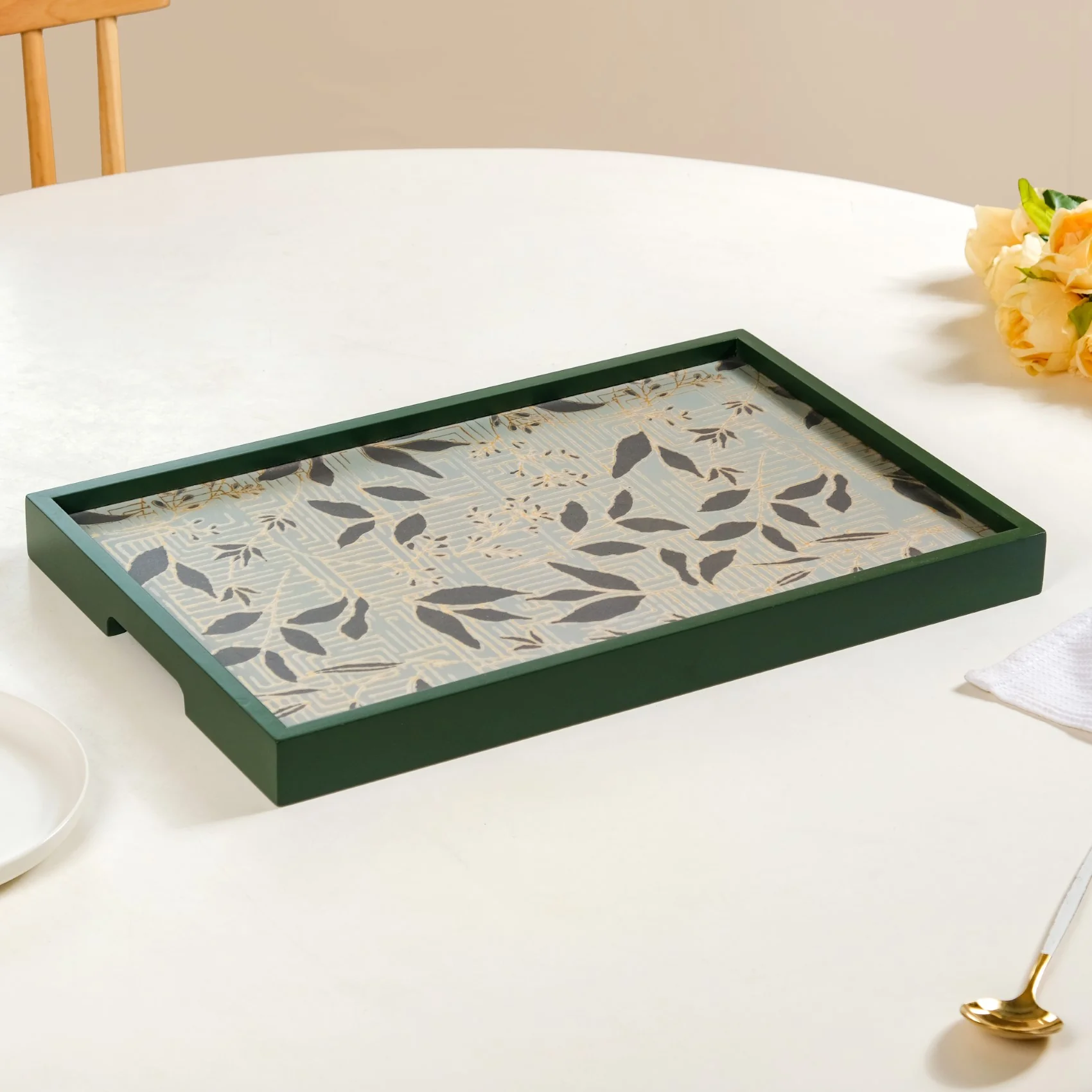 Verdantia Wooden Tea Tray Set Of 2 Green Matte Gold - Image 7