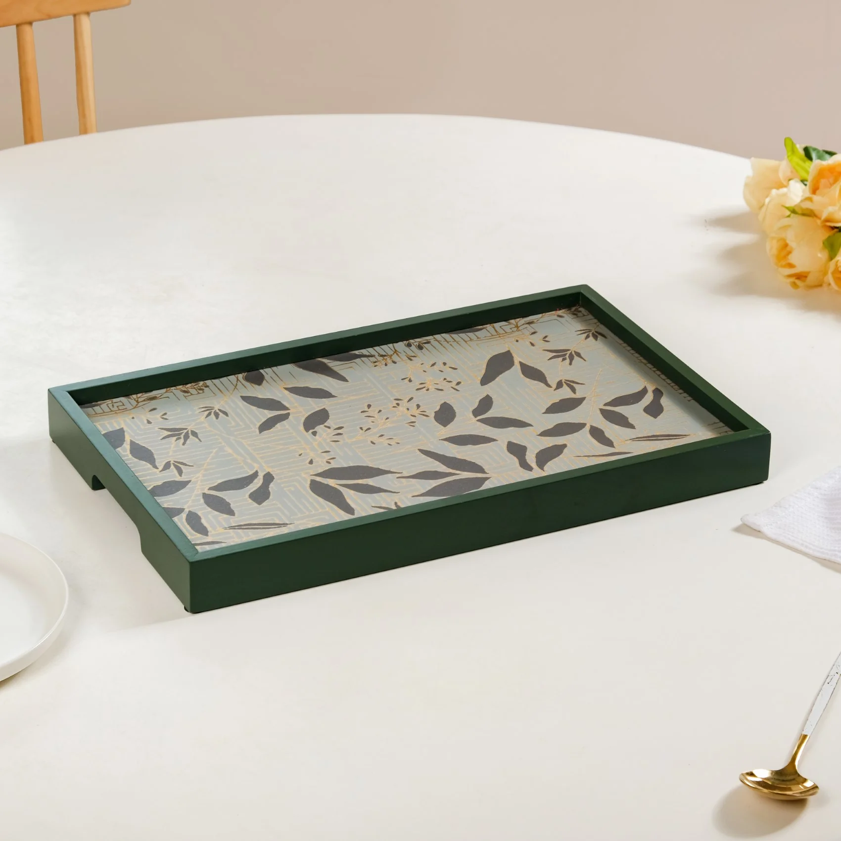 Verdantia Wooden Tea Tray Set Of 2 Green Matte Gold - Image 8