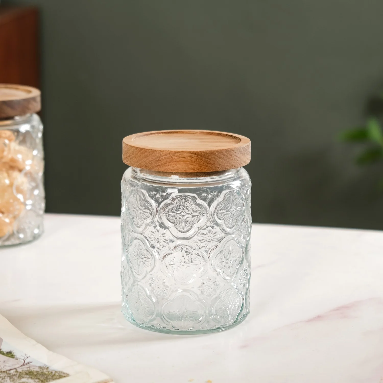 Vintage Patterned Glass Jar With Lid Set Of 4 700ml - Image 3