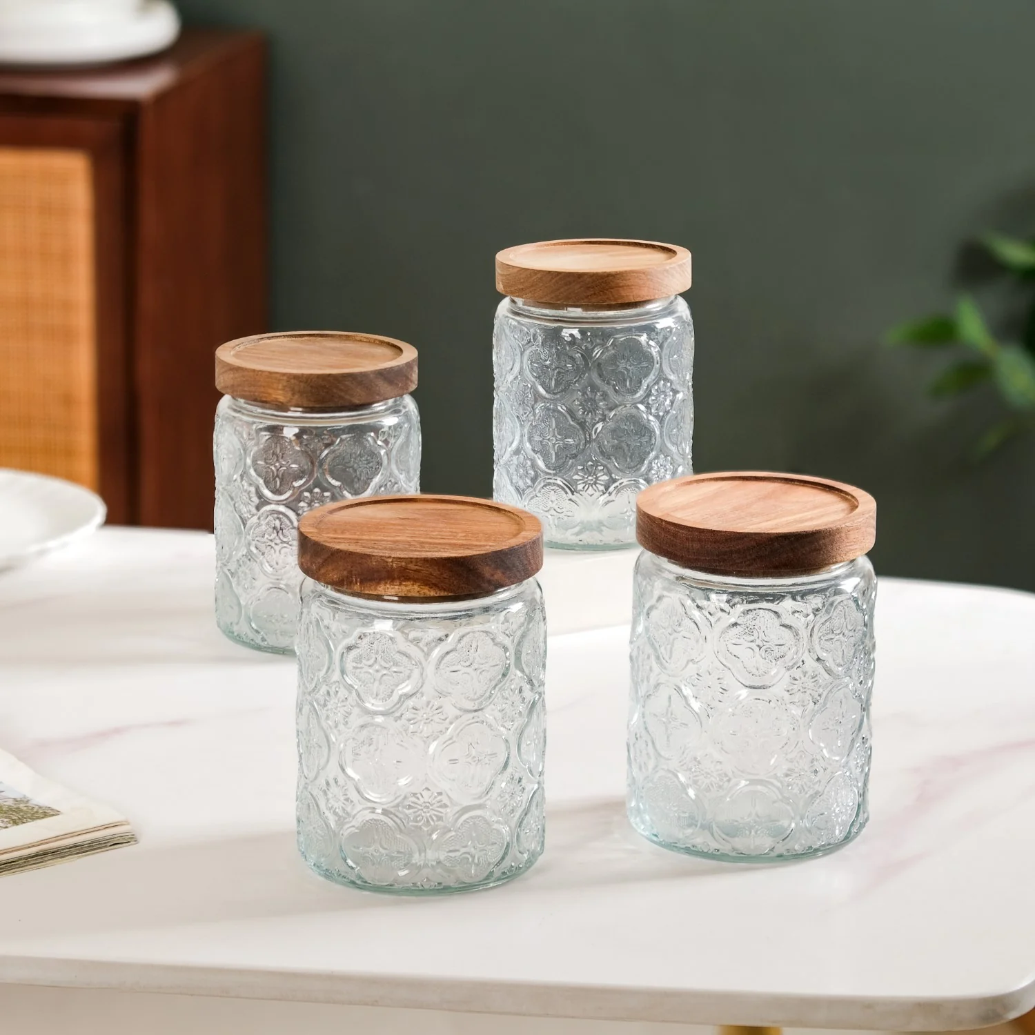 Vintage Patterned Glass Jar With Lid Set Of 4 700ml - Image 5