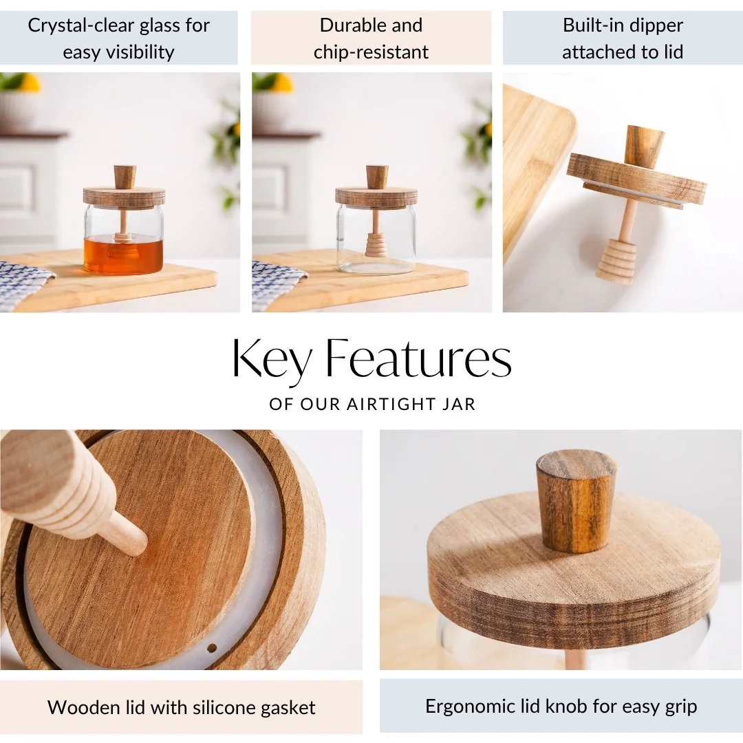 Wooden Leakproof Lid Honey Jar With Honey Dipper 350ml - Image 4