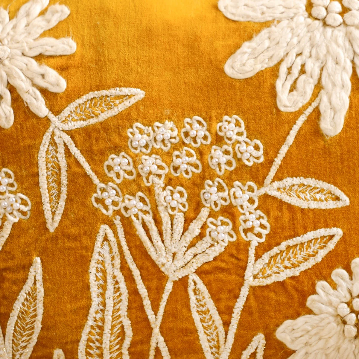 Yellow Spring Summer Embroidered Velvet Cushion Cover 20x14 Inch - Image 3