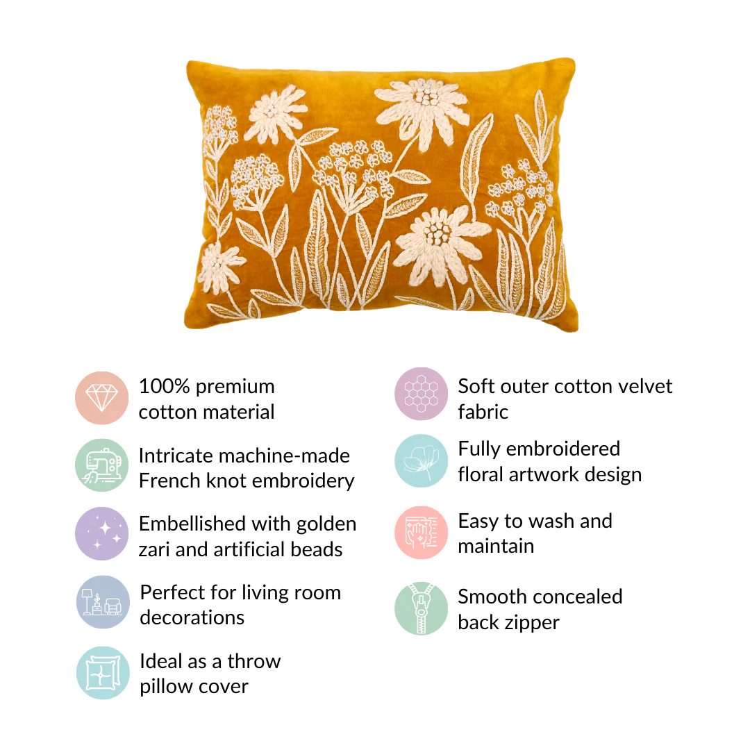 Yellow Spring Summer Embroidered Velvet Cushion Cover 20x14 Inch - Image 4