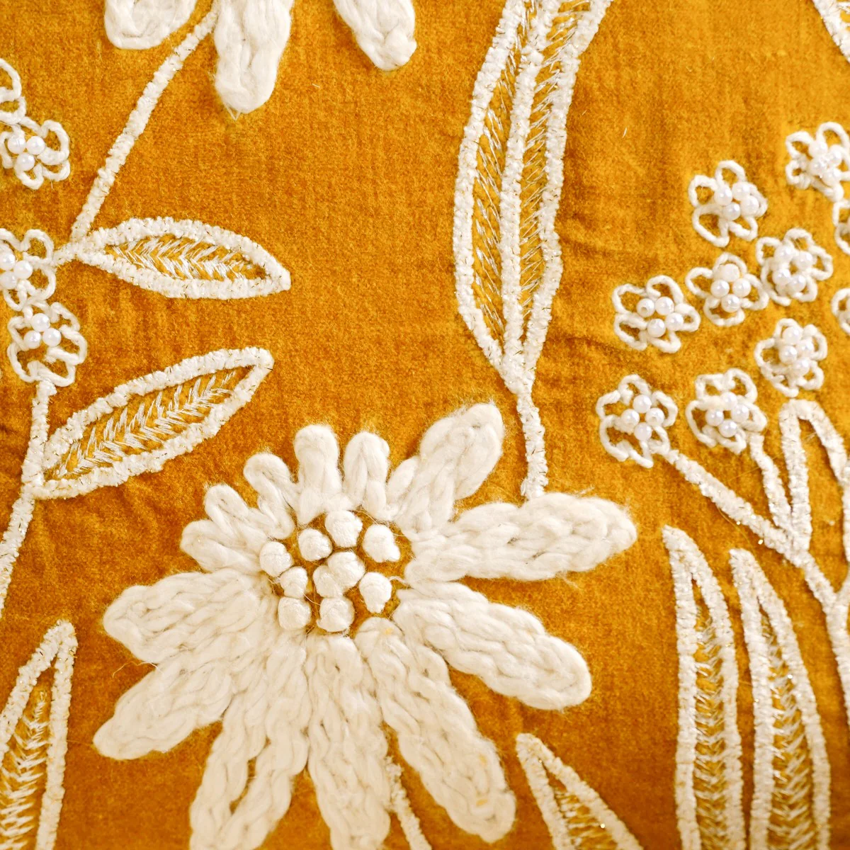 Yellow Spring Summer Embroidered Velvet Cushion Cover 20x14 Inch - Image 7